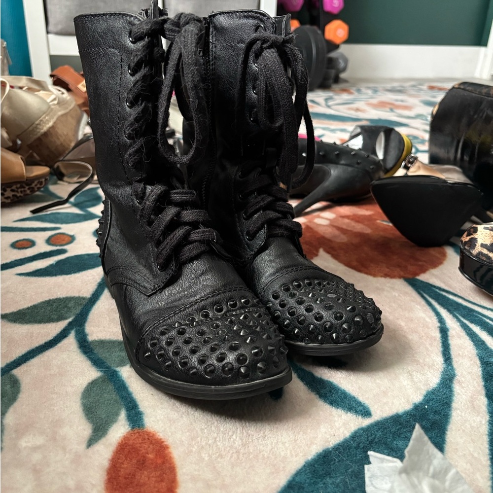 Black Lace-Up Boots with rhinestones